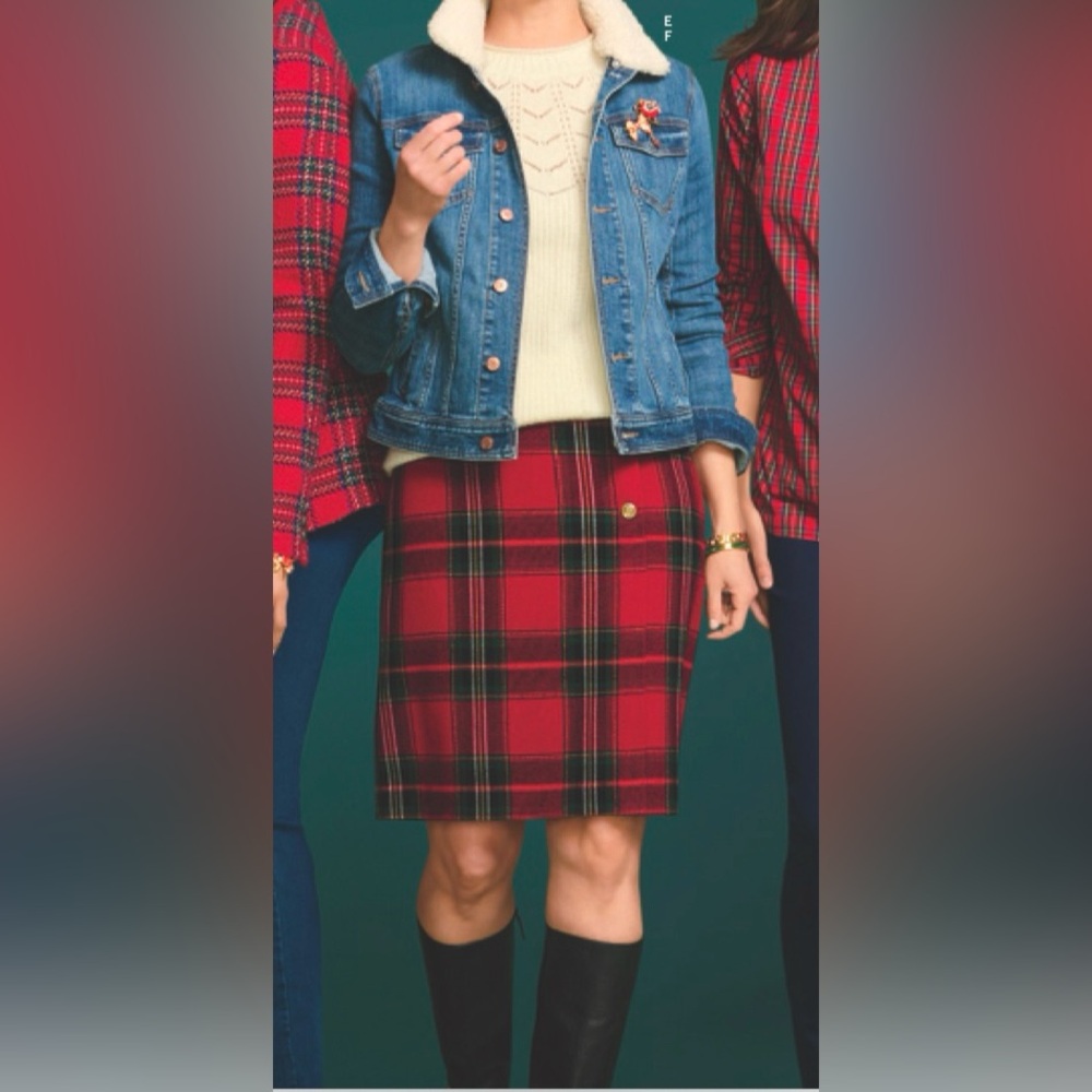 Talbots 8 Red/Green Classic Plaid A-Line Mock Wrap Skirt